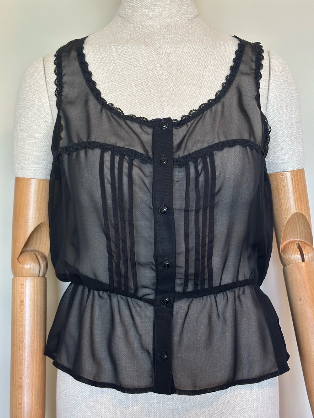 Sheer Black Lace Trim Button-Front Sleeveless Blouse Tank
